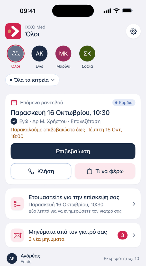 Η οθόνη οικογένειας στην εφαρμογή IXXO Med