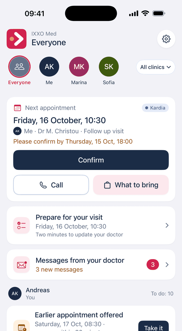 The family screen in the IXXO Med app