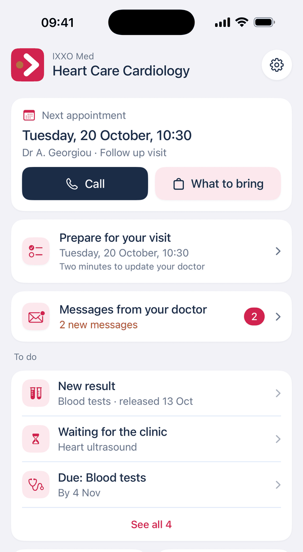 The IXXO Med app home screen