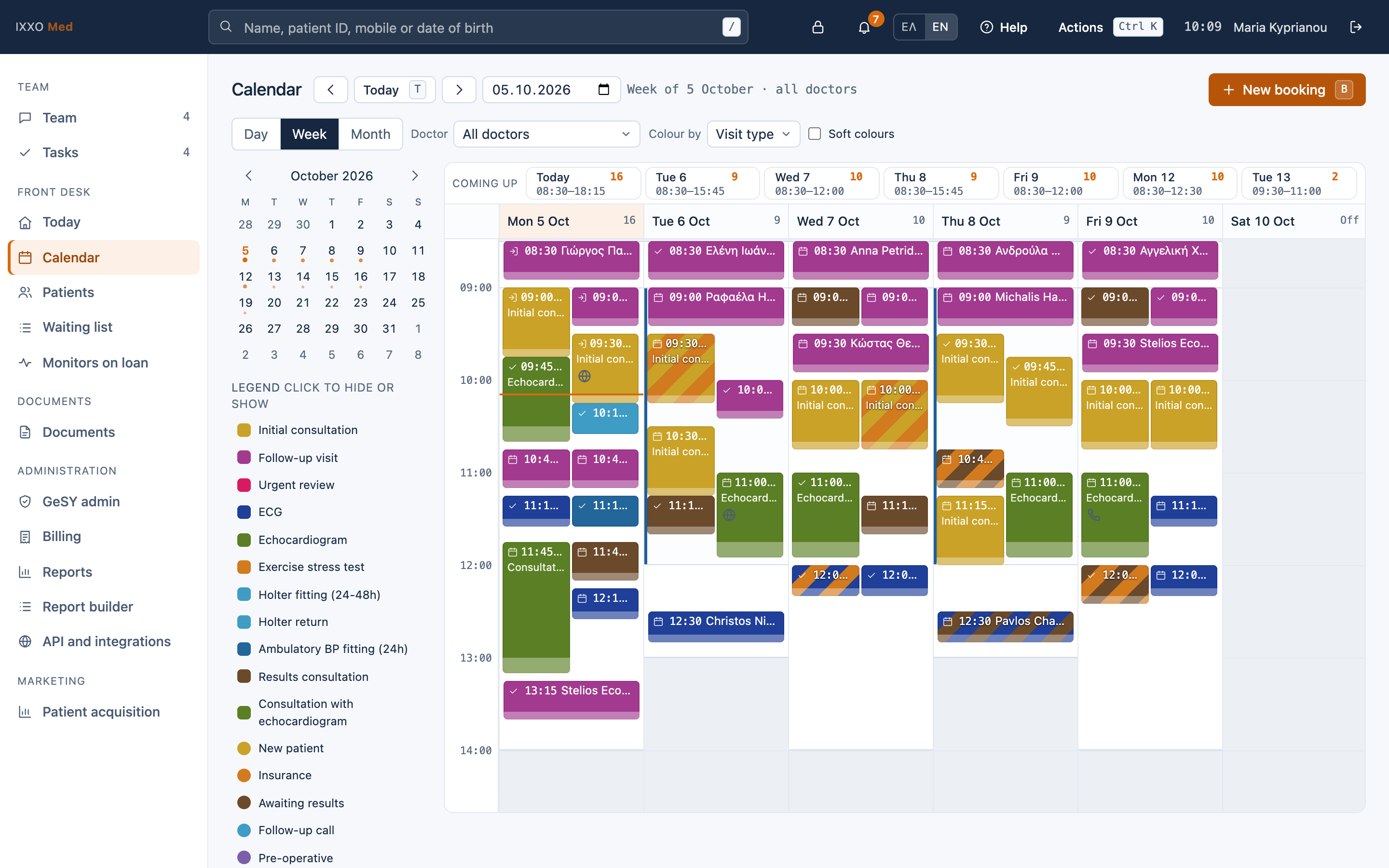 Calendar week view with all doctors side by side, coloured by visit type.