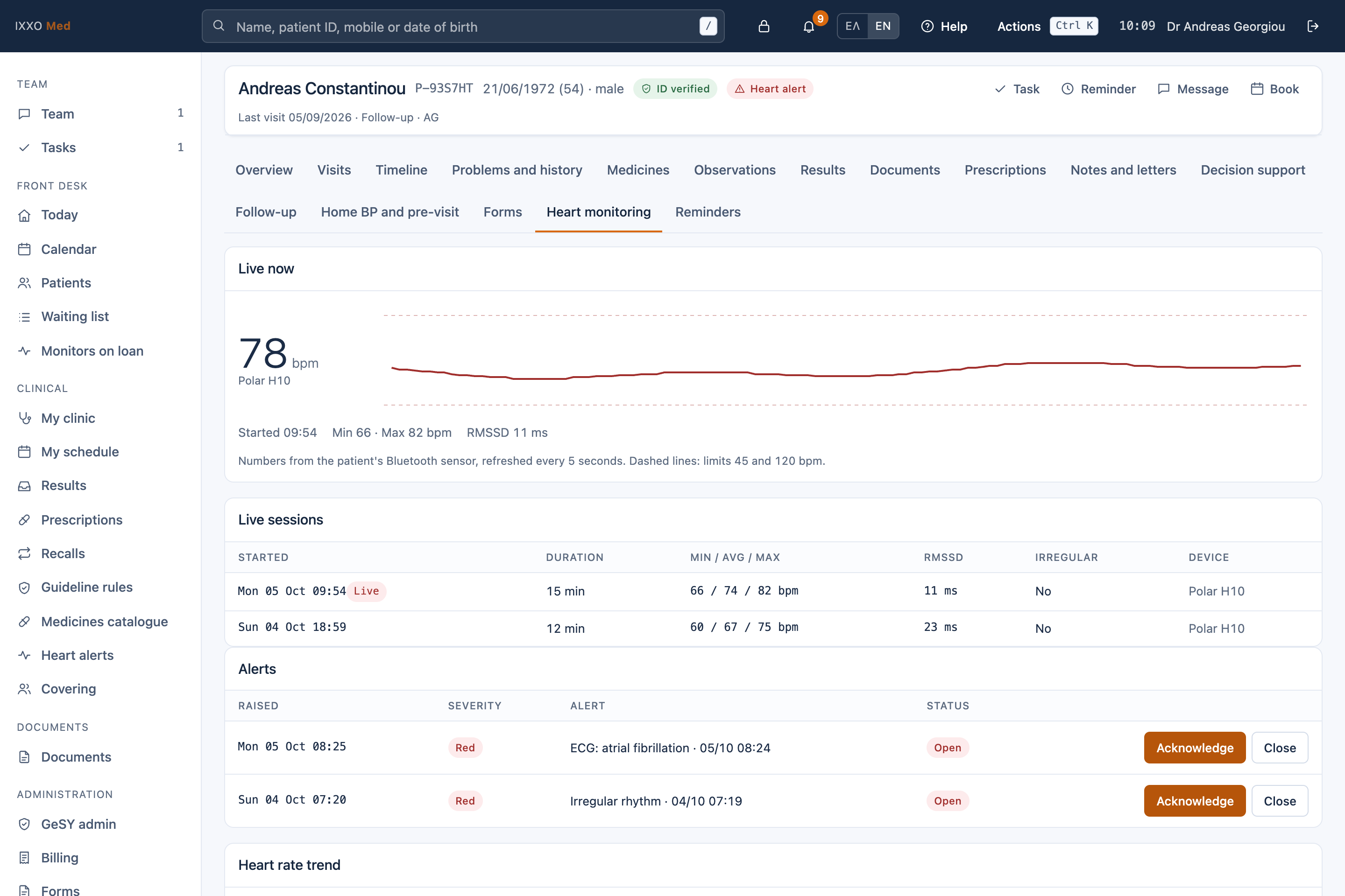 Heart monitoring in the patient's record, with heart rate in real time, live sessions and alerts